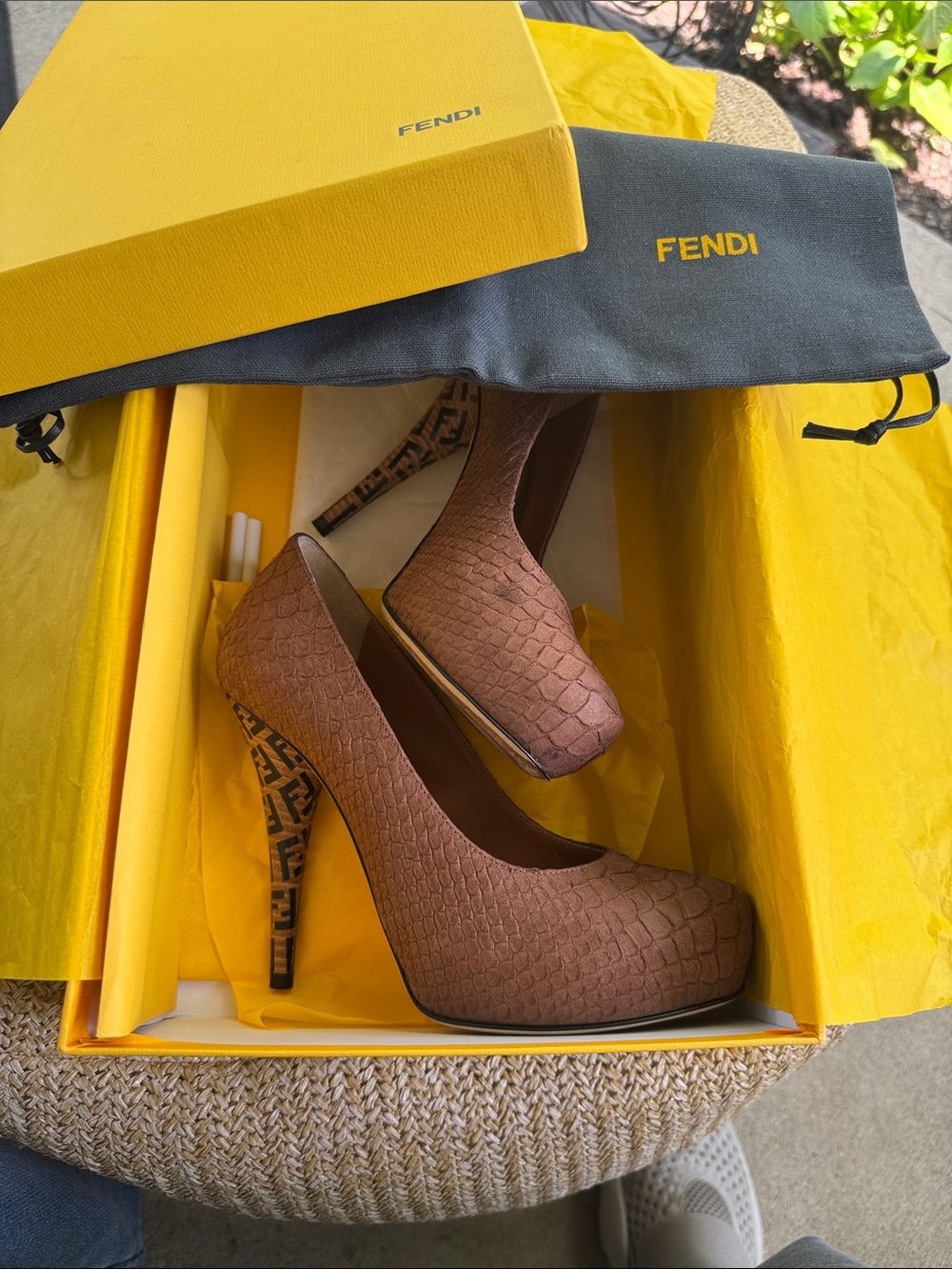 Fendi Textured Taupe Brown High Heel Pumps with Logo Heel
